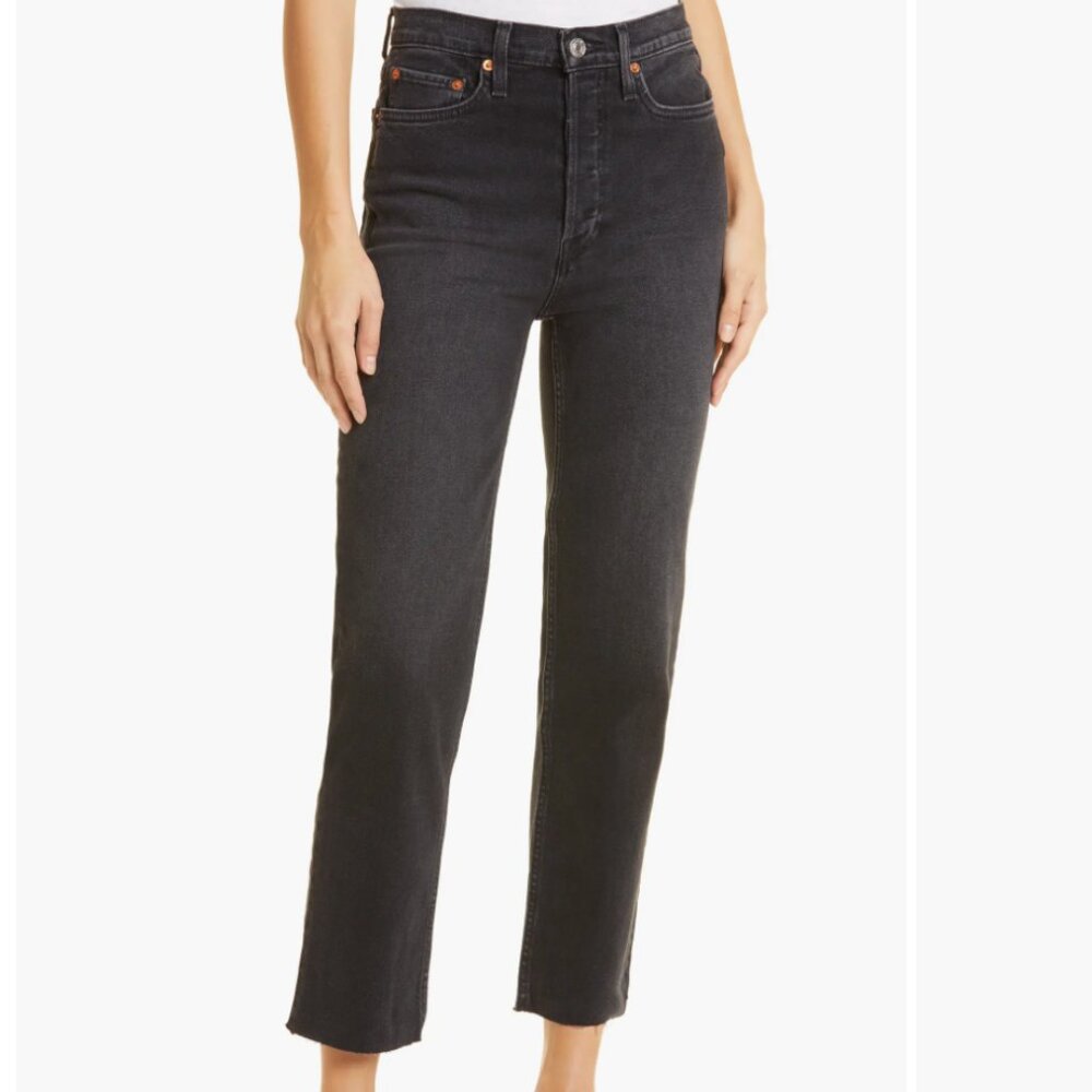 Re/Done 70s Black High-Rise Stove Pipe Jeans in Washed Noir Size 27